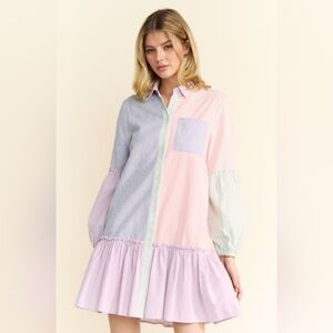 Davi & Dani Pastel Colorblock Striped Puff Sleeve Mini Shirt Dress
